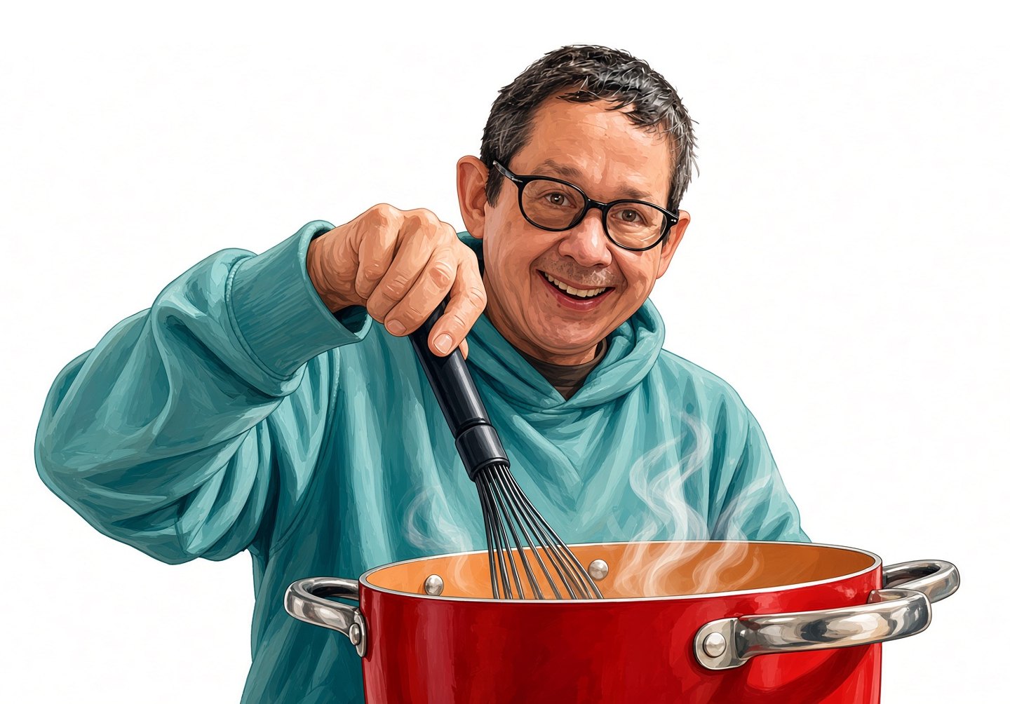 Ilustração do Tio Pandu sorrindo e mexendo uma panela vermelha com um batedor